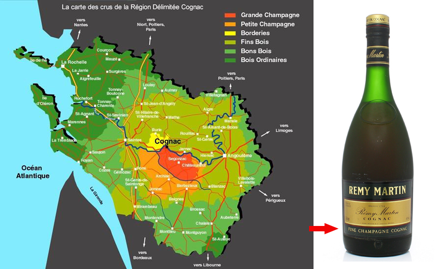 Cognac map and bottle  french cycle tour